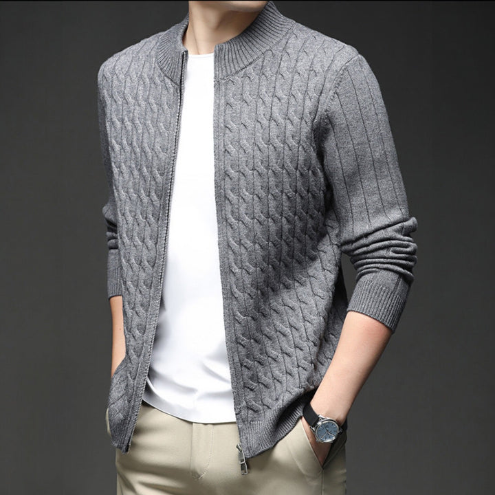 Men's Merino Wool Zip Up Cardigan Cable Knit Sweater Jacket