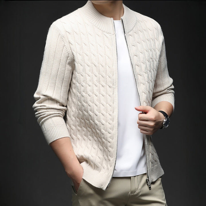 Men's Merino Wool Zip Up Cardigan Cable Knit Sweater Jacket