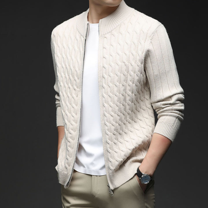 Men's Merino Wool Zip Up Cardigan Cable Knit Sweater Jacket