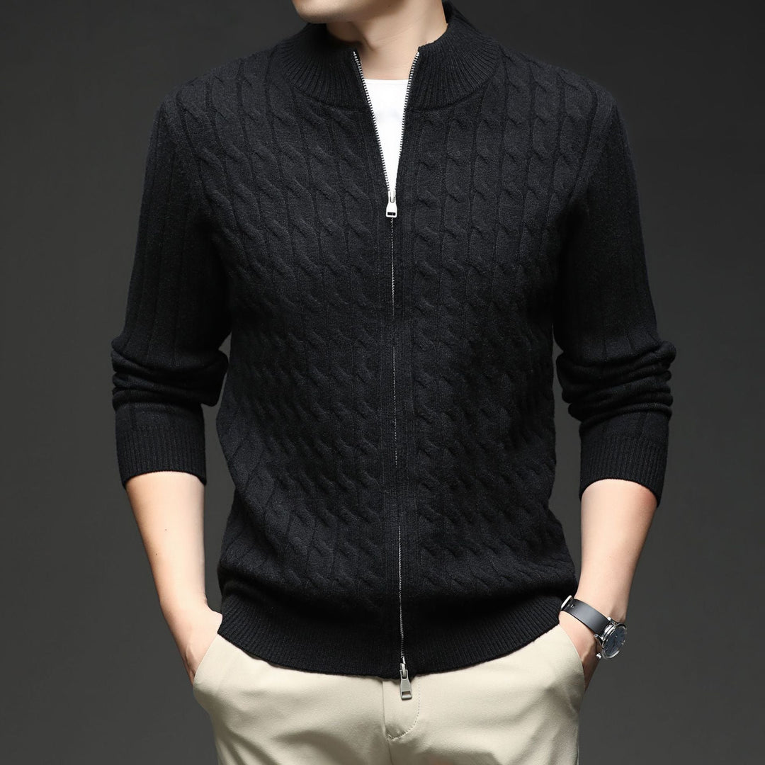 Men's Merino Wool Zip Up Cardigan Cable Knit Sweater Jacket