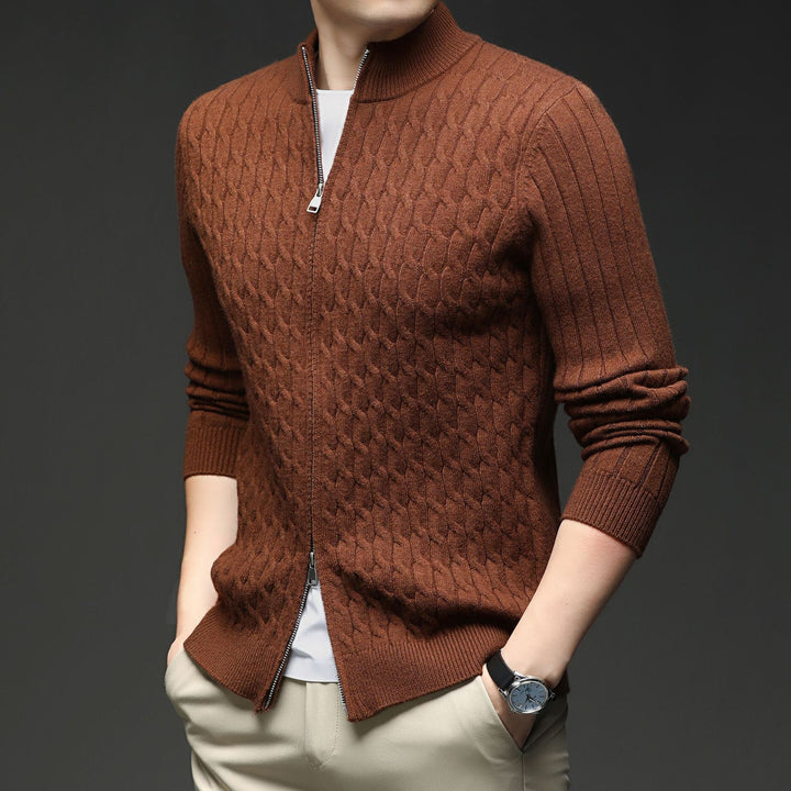 Men's Merino Wool Zip Up Cardigan Cable Knit Sweater Jacket