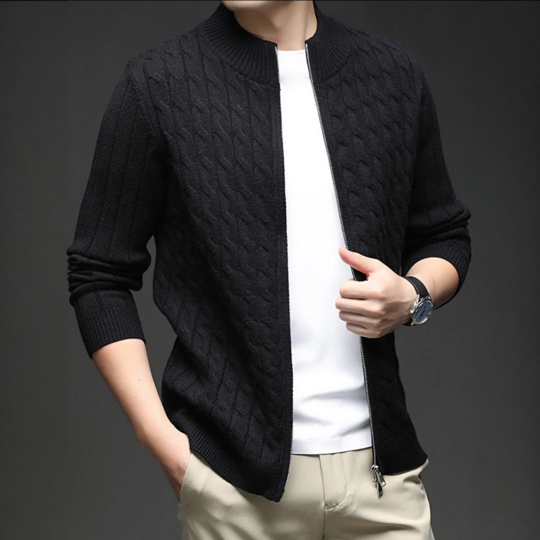 Men's Merino Wool Zip Up Cardigan Cable Knit Sweater Jacket