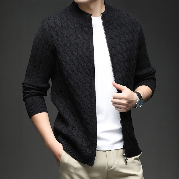 Men's Merino Wool Zip Up Cardigan Cable Knit Sweater Jacket