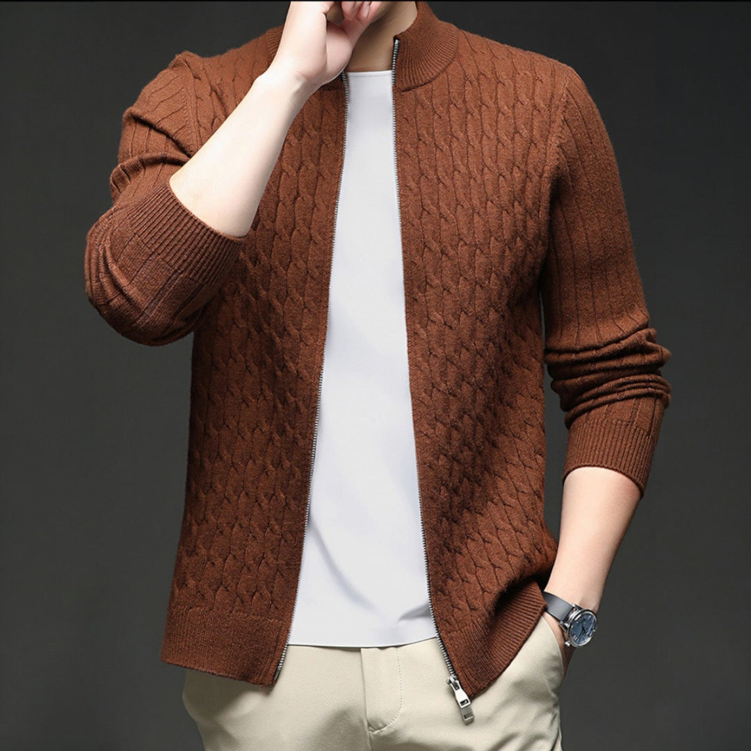 Men's Merino Wool Zip Up Cardigan Cable Knit Sweater Jacket