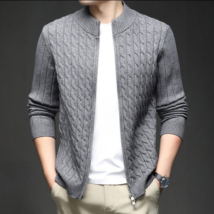 Men's Merino Wool Zip Up Cardigan Cable Knit Sweater Jacket