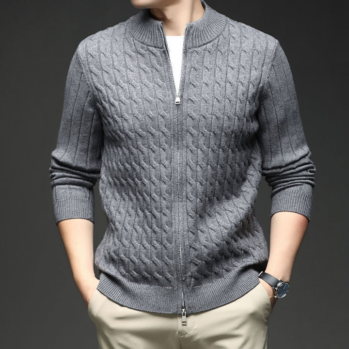 Men's Merino Wool Zip Up Cardigan Cable Knit Sweater Jacket