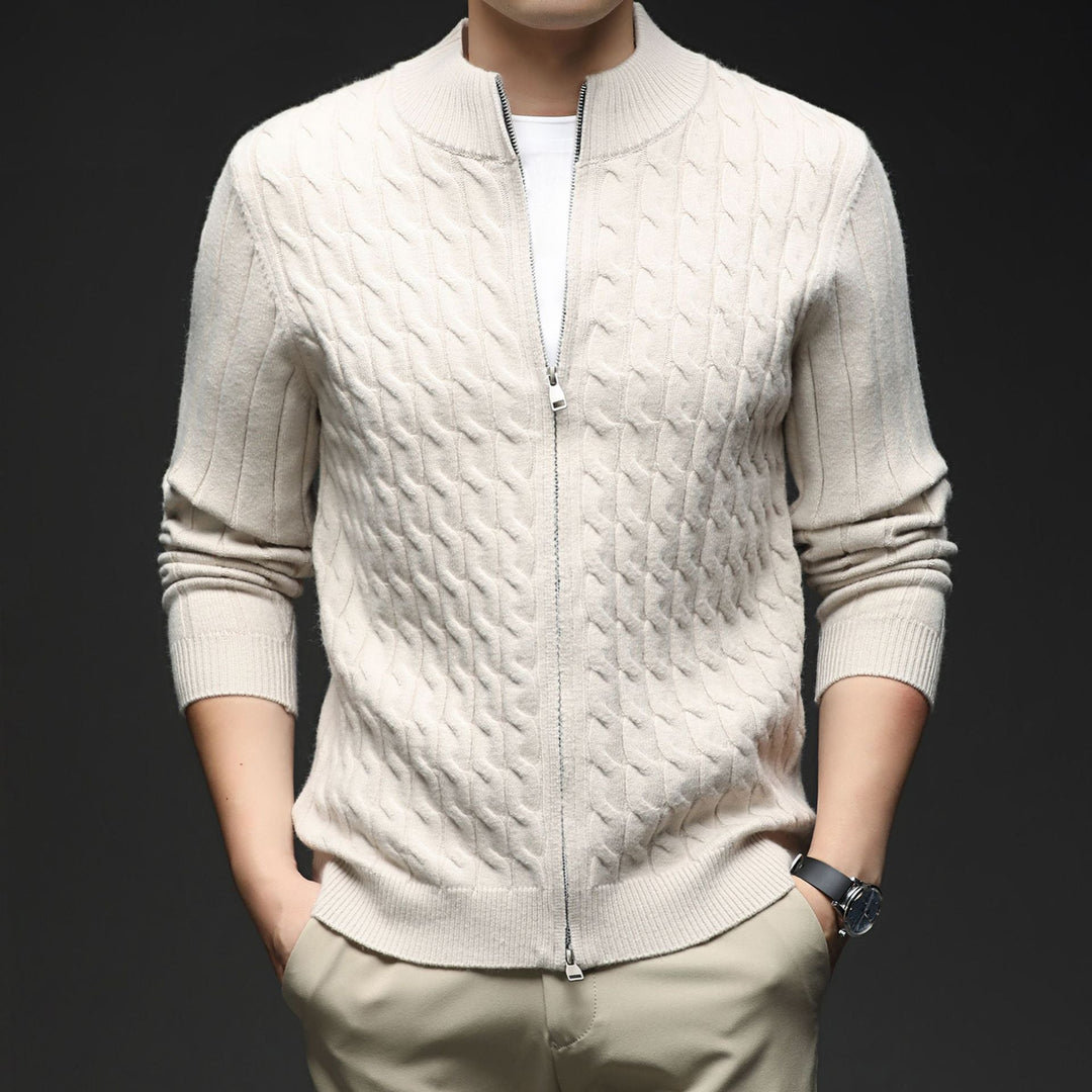 Men's Merino Wool Zip Up Cardigan Cable Knit Sweater Jacket