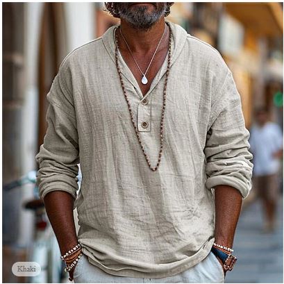 Chemise pour homme en lin à col montant et patte de boutonnage