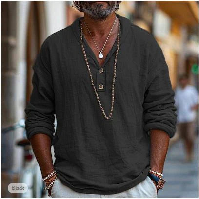 Chemise pour homme en lin à col montant et patte de boutonnage