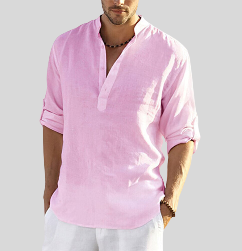 Men's Linen Henley Shirt Long Sleeve Beach Casual Top