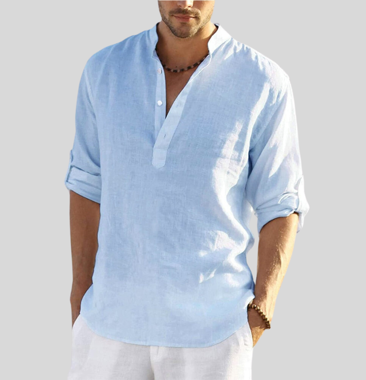 Men's Linen Henley Shirt Long Sleeve Beach Casual Top
