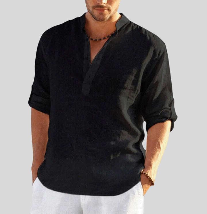 Men's Linen Henley Shirt Long Sleeve Beach Casual Top