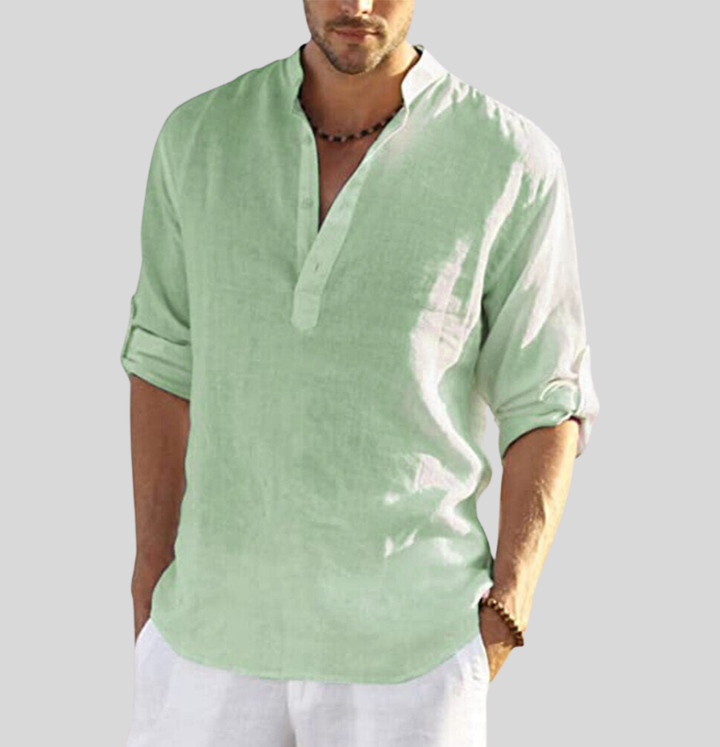 Men's Linen Henley Shirt Long Sleeve Beach Casual Top
