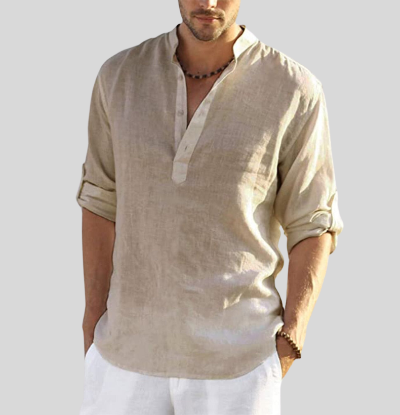 Men's Linen Henley Shirt Long Sleeve Beach Casual Top