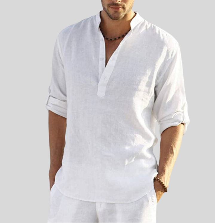 Men's Linen Henley Shirt Long Sleeve Beach Casual Top