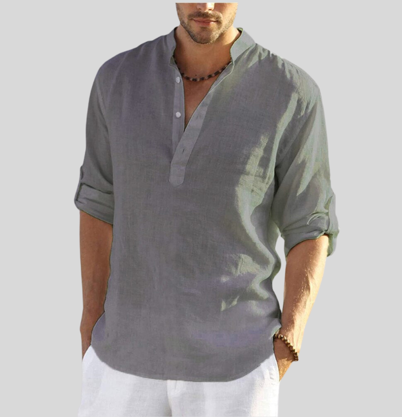 Men's Linen Henley Shirt Long Sleeve Beach Casual Top
