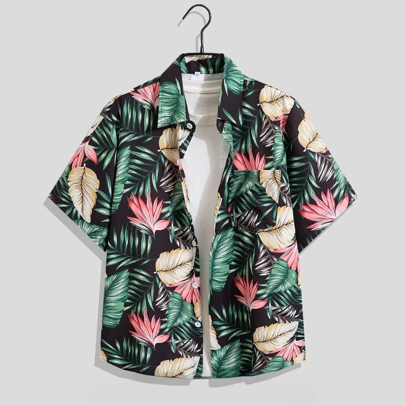 Chemise homme à manches courtes, col cubain, imprimé graphique, en mélange de viscose