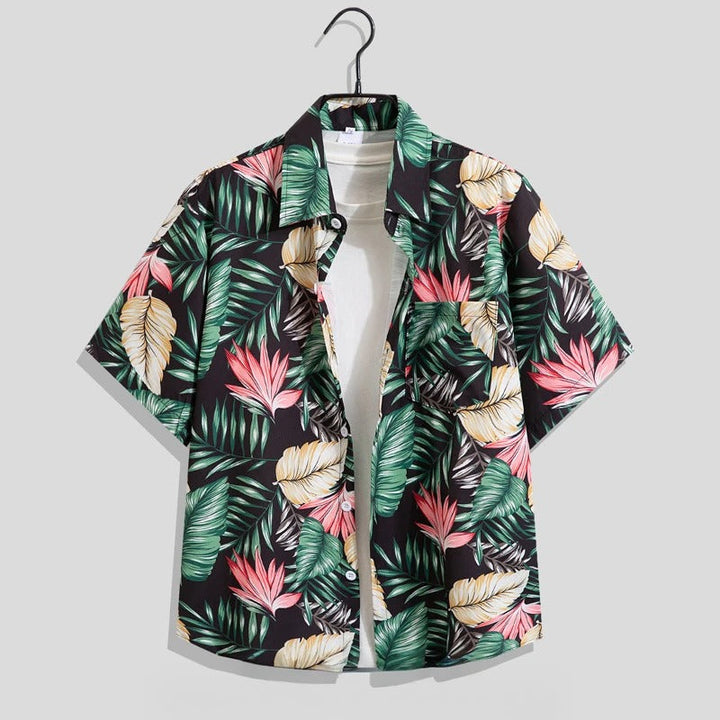 Chemise homme à manches courtes, col cubain, imprimé graphique, en mélange de viscose