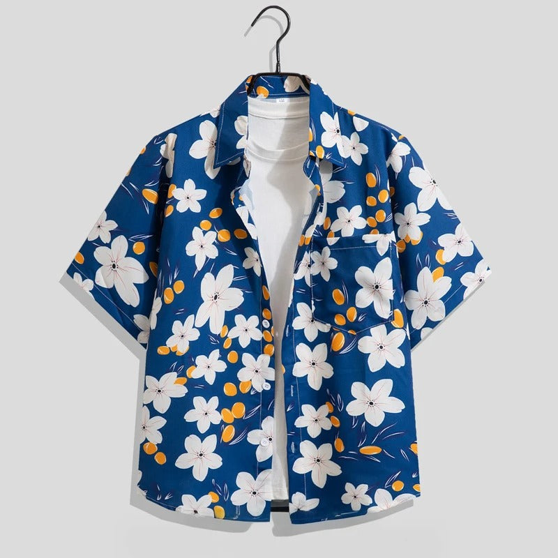 Chemise homme à manches courtes, col cubain, imprimé graphique, en mélange de viscose