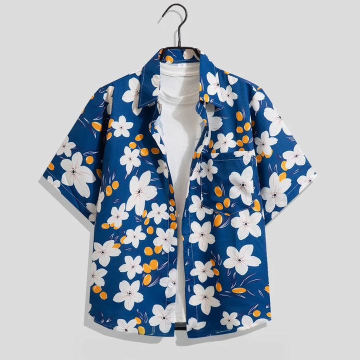 Chemise homme à manches courtes, col cubain, imprimé graphique, en mélange de viscose