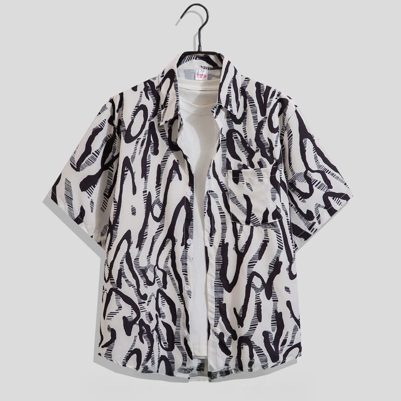 Chemise homme à manches courtes, col cubain, imprimé graphique, en mélange de viscose