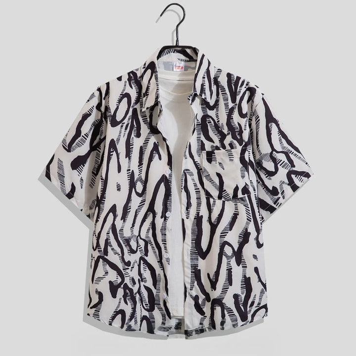 Chemise homme à manches courtes, col cubain, imprimé graphique, en mélange de viscose
