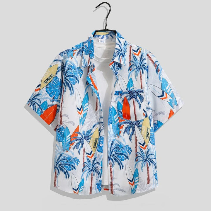 Chemise homme à manches courtes, col cubain, imprimé graphique, en mélange de viscose