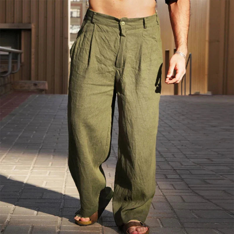 Men's Linen Wide Leg Trousers Loose Fit Pleated Casual Pants