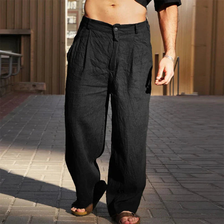 Men's Linen Wide Leg Trousers Loose Fit Pleated Casual Pants