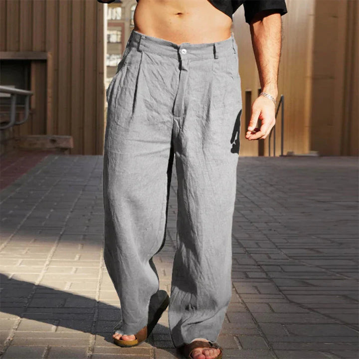 Men's Linen Wide Leg Trousers Loose Fit Pleated Casual Pants