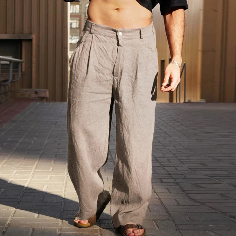 Men's Linen Wide Leg Trousers Loose Fit Pleated Casual Pants