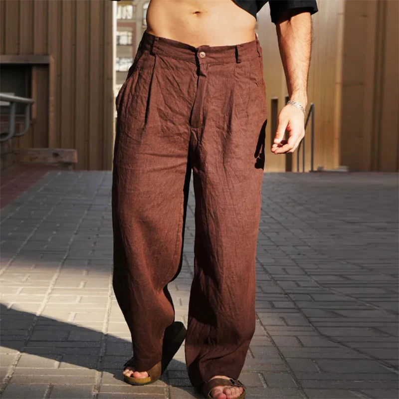 Men's Linen Wide Leg Trousers Loose Fit Pleated Casual Pants