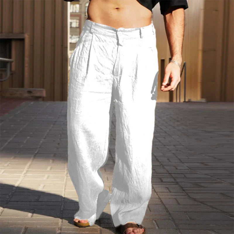 Men's Linen Wide Leg Trousers Loose Fit Pleated Casual Pants