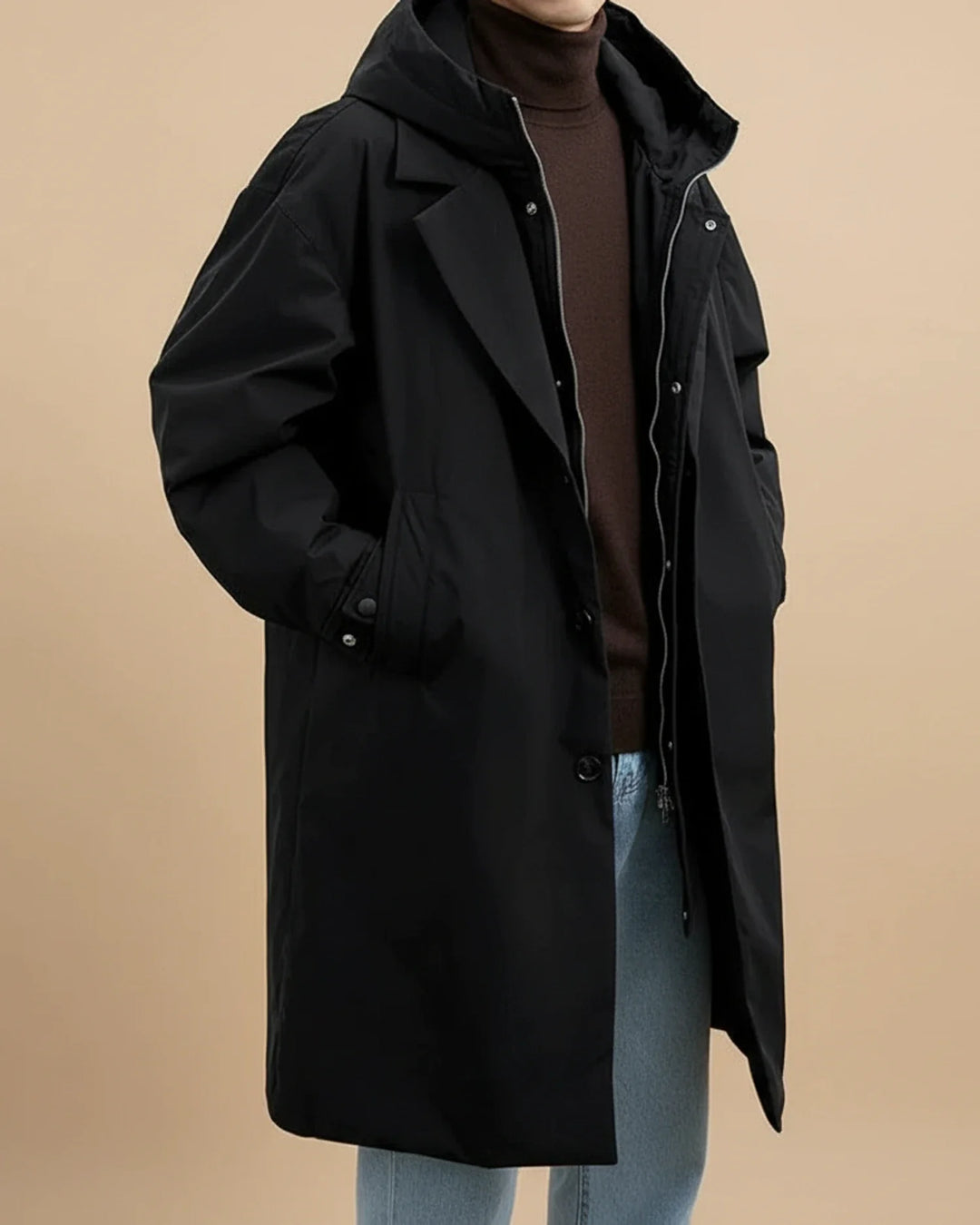 Parka longue pour homme en mélange de laine avec capuche et coupe trench