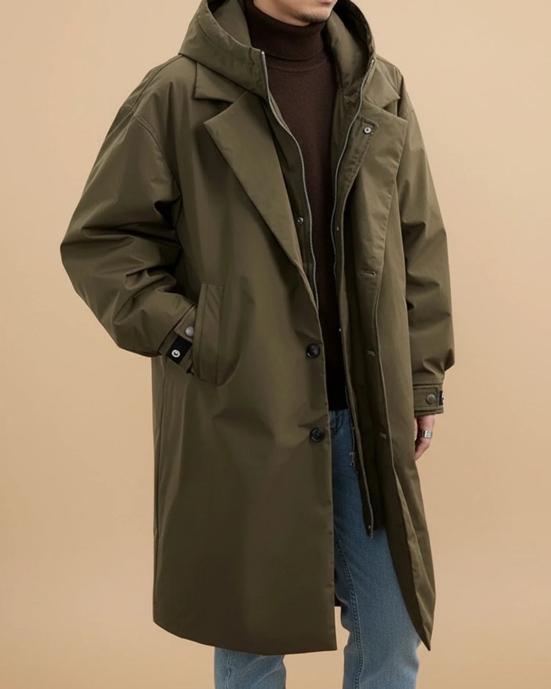 Parka longue pour homme en mélange de laine avec capuche et coupe trench