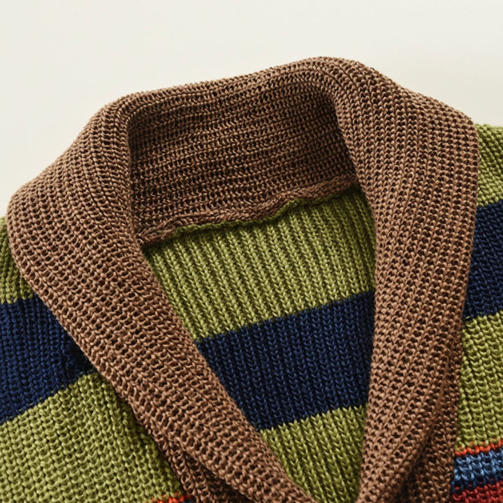 Men's Knit Wool Cardigan Shawl Collar Striped Sweater Jumper