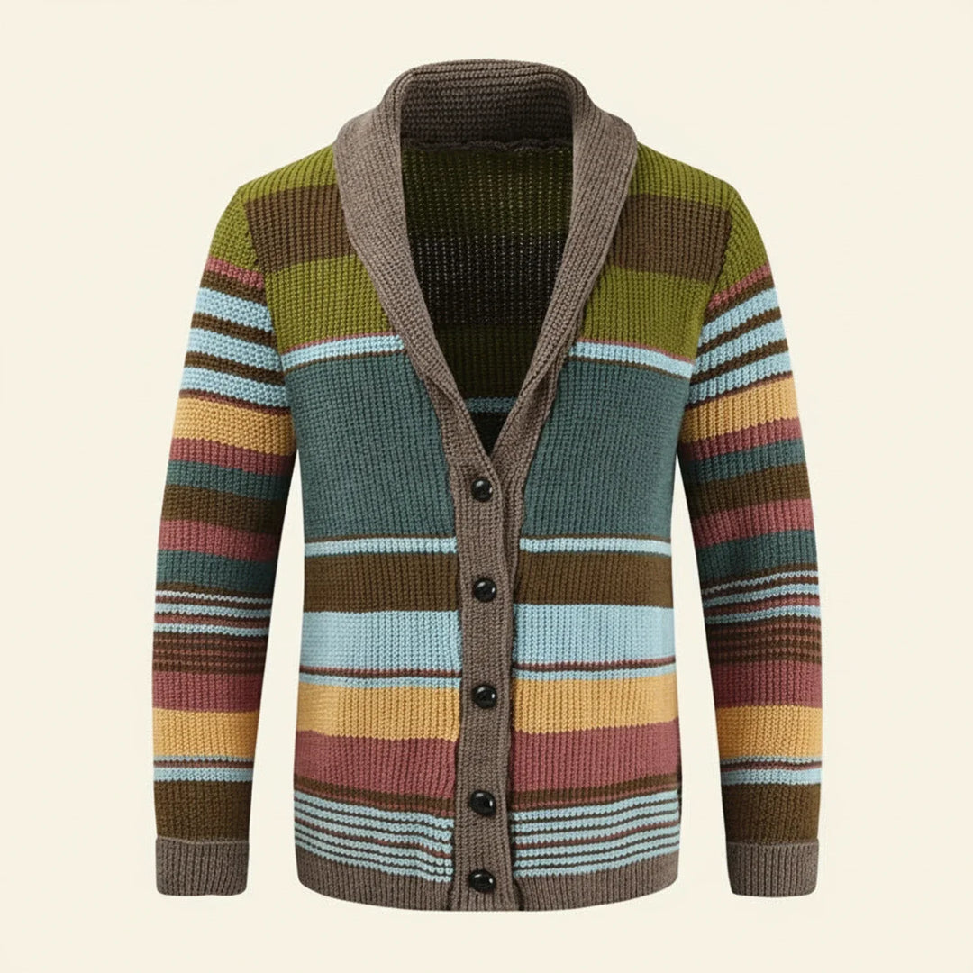Men's Knit Wool Cardigan Shawl Collar Striped Sweater Jumper