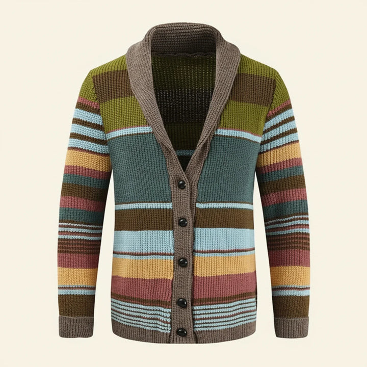 Men's Knit Wool Cardigan Shawl Collar Striped Sweater Jumper