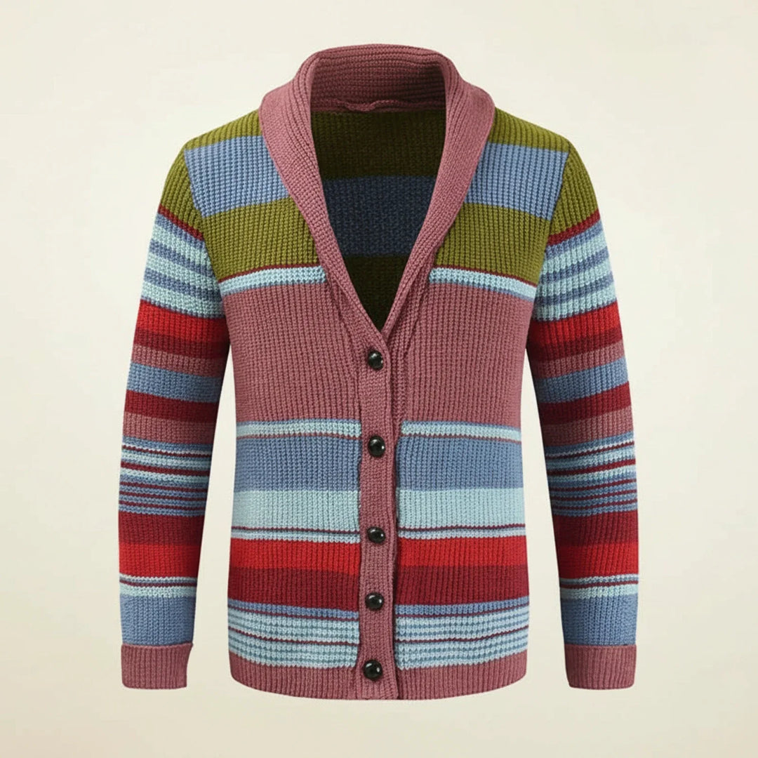 Men's Knit Wool Cardigan Shawl Collar Striped Sweater Jumper