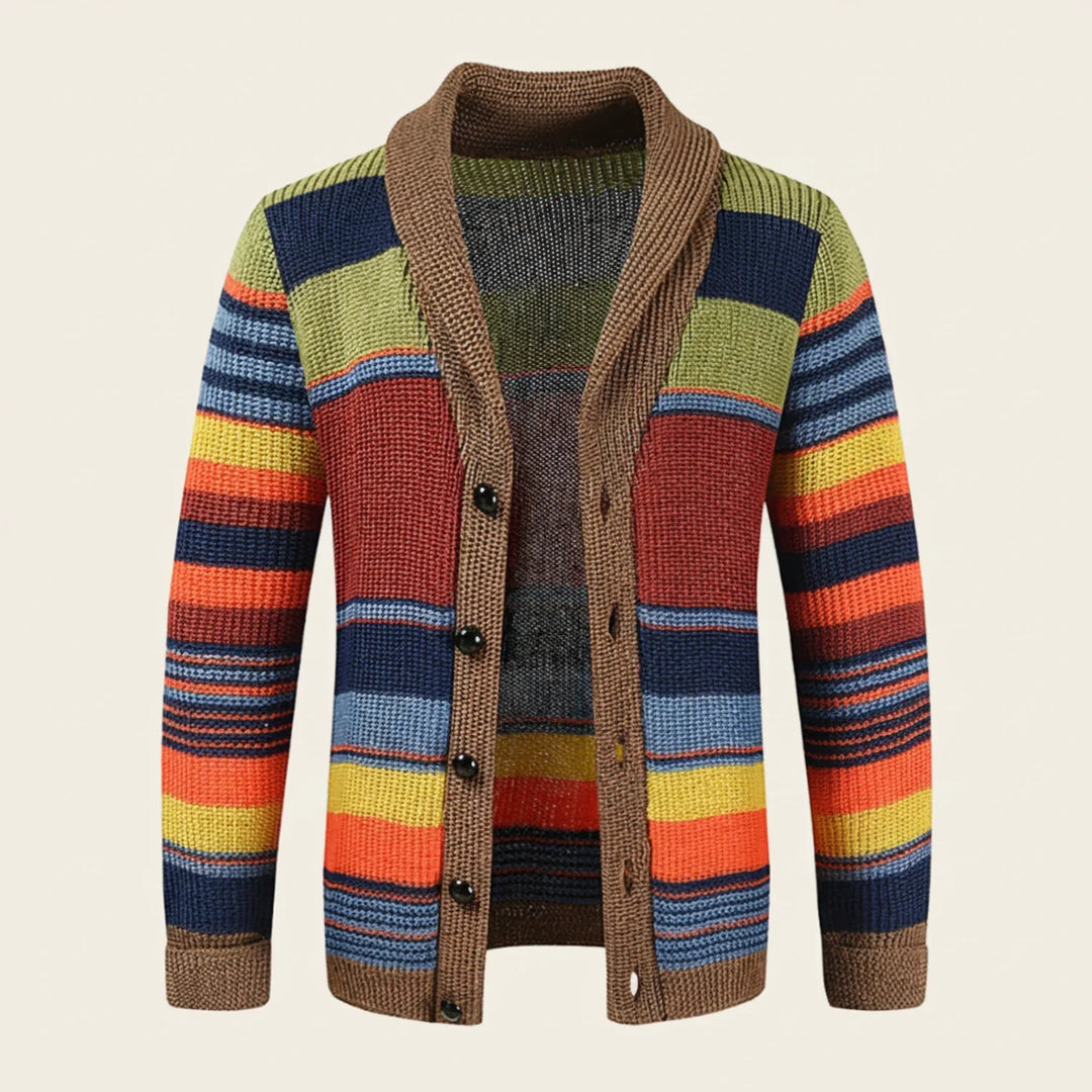 Men's Knit Wool Cardigan Shawl Collar Striped Sweater Jumper