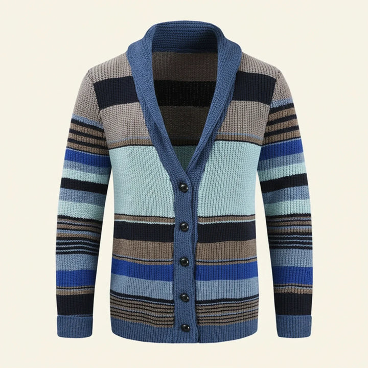Men's Knit Wool Cardigan Shawl Collar Striped Sweater Jumper