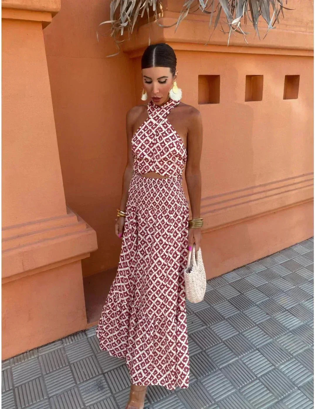 Women's Linen Halter Crop Top and Maxi Skirt Co-ord Two-Piece Set