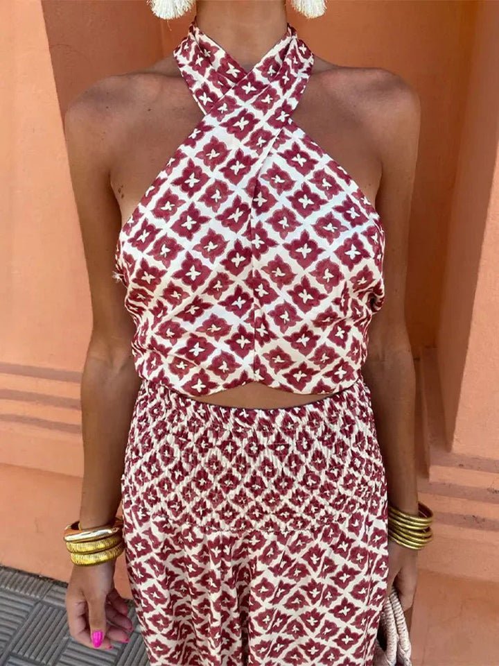Women's Linen Halter Crop Top and Maxi Skirt Co-ord Two-Piece Set