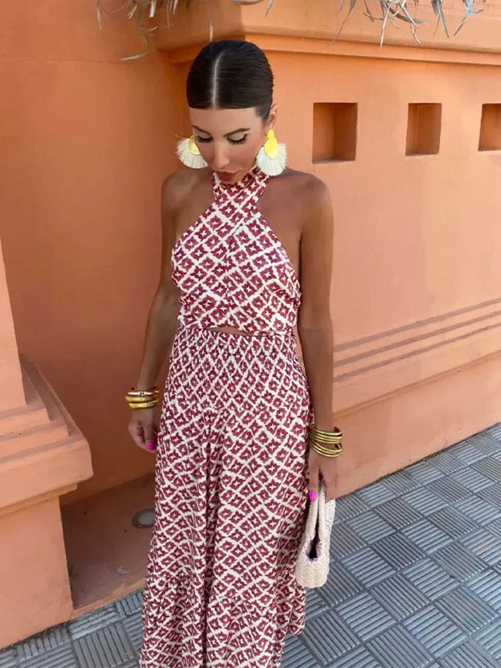 Women's Linen Halter Crop Top and Maxi Skirt Co-ord Two-Piece Set