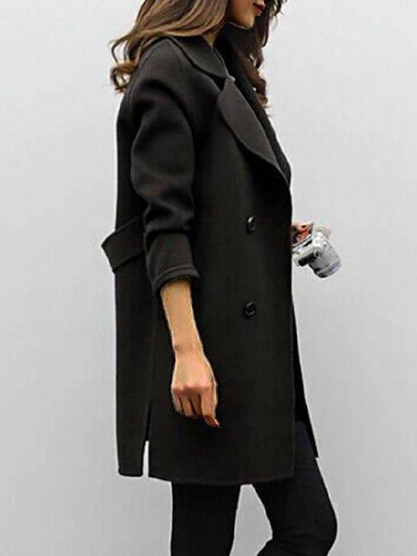 Women Wool Blend Notch Lapel Double Breasted Mid Length Pea Coat