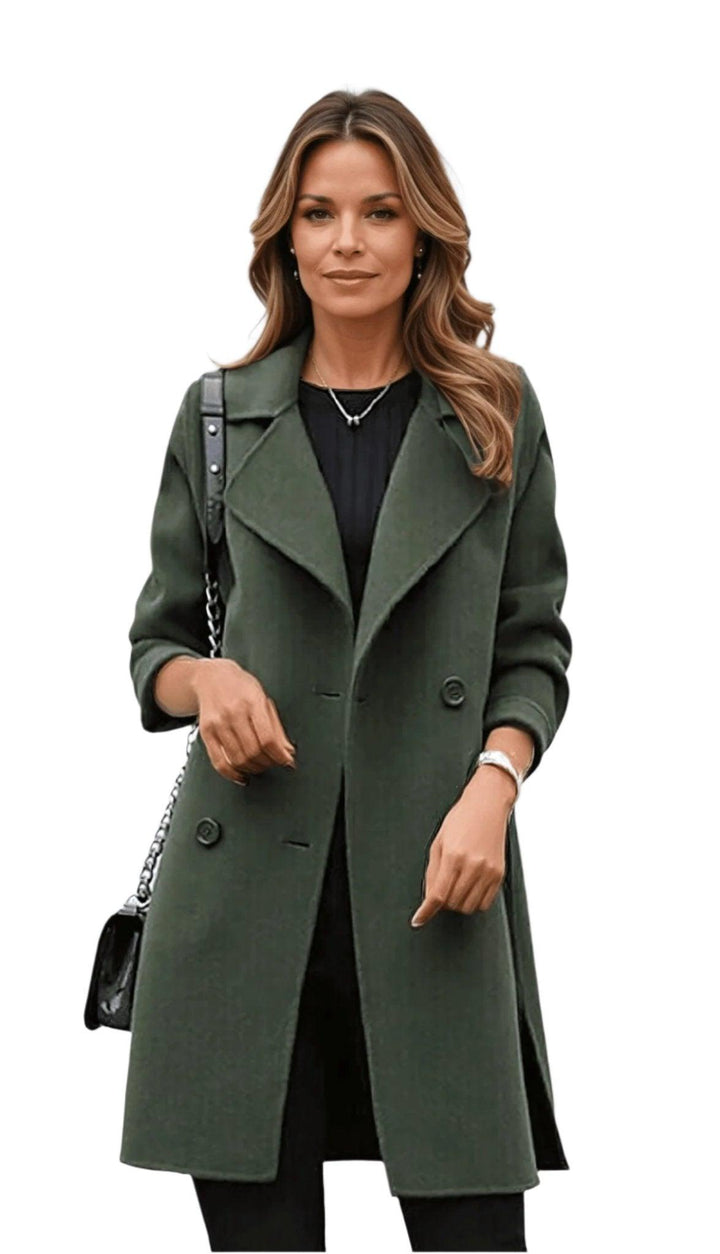 Women Wool Blend Notch Lapel Double Breasted Mid Length Pea Coat