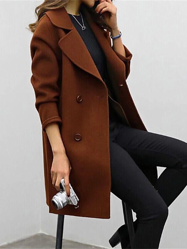 Women Wool Blend Notch Lapel Double Breasted Mid Length Pea Coat