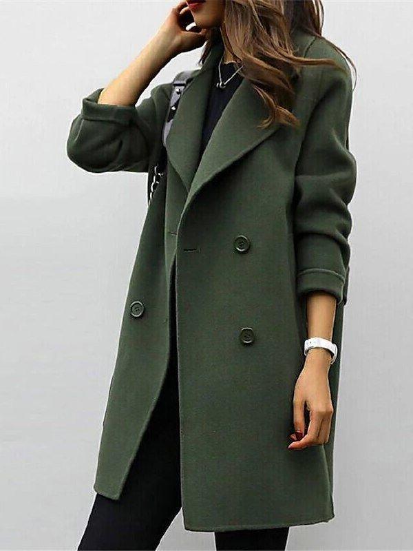Women Wool Blend Notch Lapel Double Breasted Mid Length Pea Coat