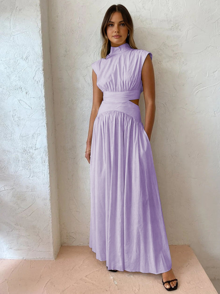 Women's Pleated Satin Cutout High Neck Evening Maxi Dress