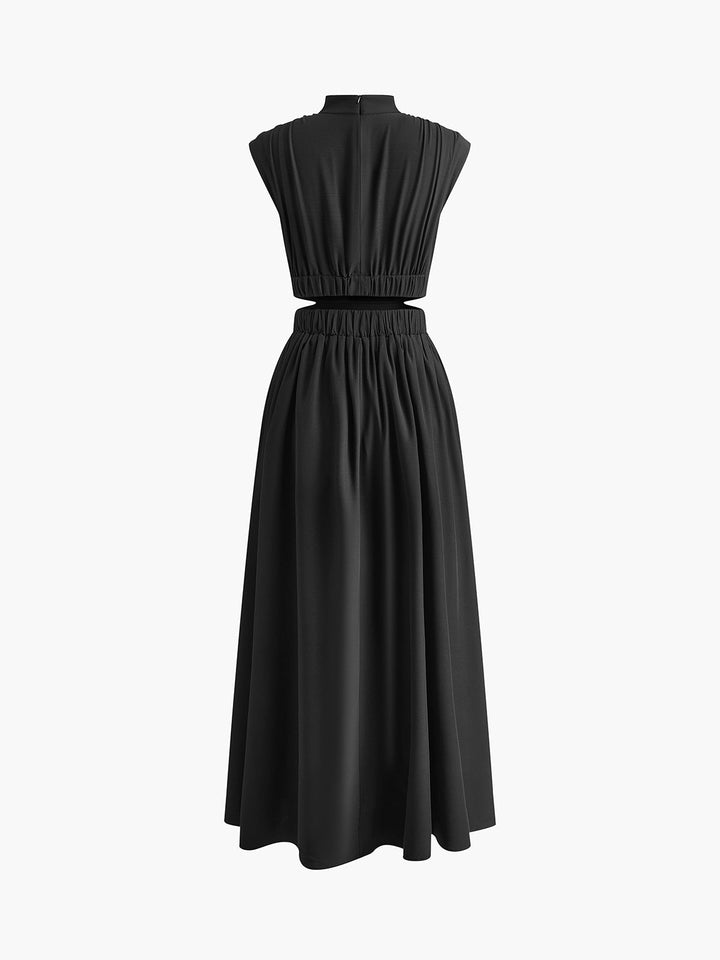 Women's Pleated Satin Cutout High Neck Evening Maxi Dress